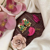 Vriksham Peacock Feather Style Kundan Jadau Press Bugadi-Red Green & White-Pearls-J3793